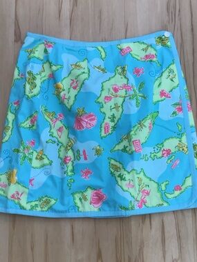 Lilly Pulitzer Blue Map To Miami Starfish Beach Reversible Wrap Cotton Skirt